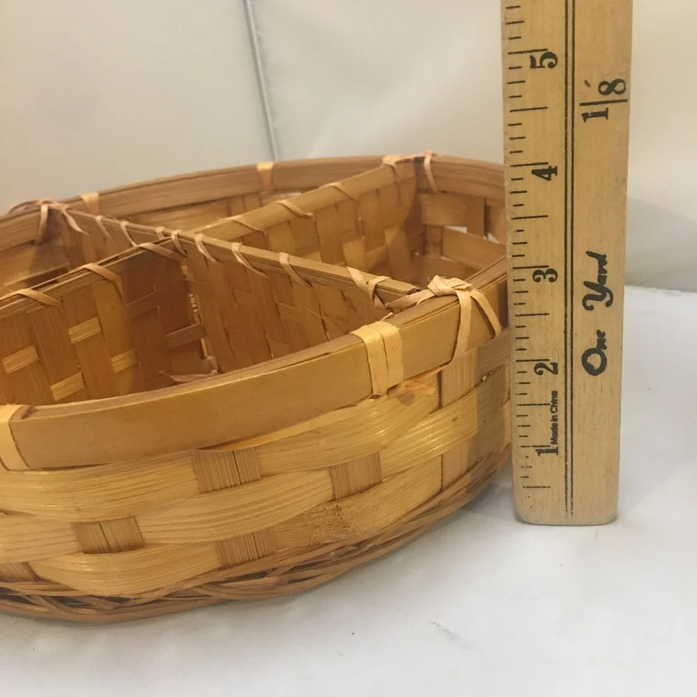 Woven Bamboo Divided Serving Basket Home Decor 10.5in Tan Round Tray Cottagecore
